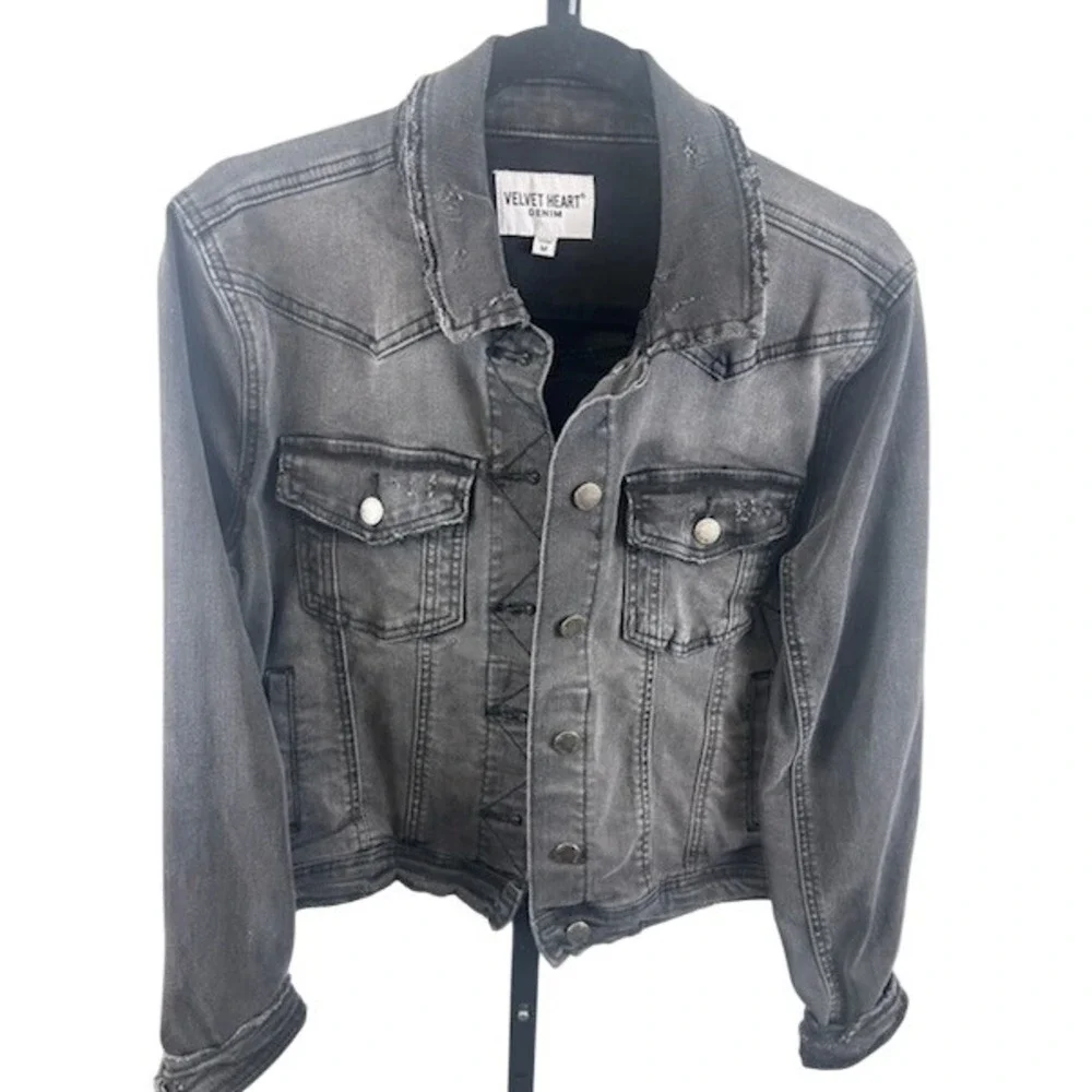 Velvet‎ Heart Denim Jacket Gray Black Distressed Western Jean Jacket Size Medium
